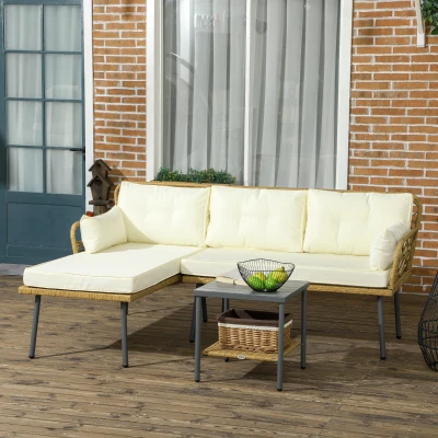 Outsunny Set da Giardino Rattan PE Chaise Longue, Divano e Tavolo