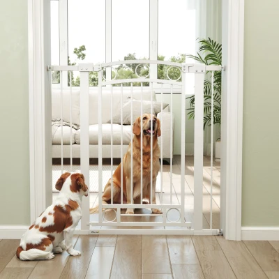 PawHut Puerta para Perros con Ancho Ajustable 76-104 cm Barrera de Seguridad para Perros con 2 Extensiones Blanco