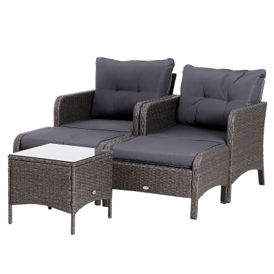 Outsunny Conjunto Muebles Ratán de Jardín Exterior 5 Pcs Sillón Mesa de Café y Taburete Reposapiés Cojín Incluido Marco Acero Color Gris