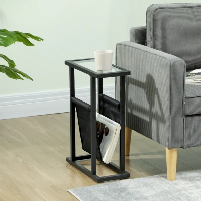 HOMCOM Table d'Appoint Métal Verre Trempé avec Porte-Revues Noir