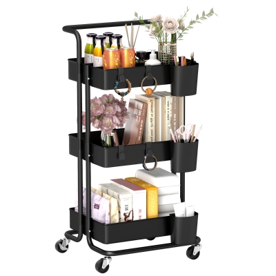 HOMCOM 3-Tier Rolling Utility Cart with Baskets & Hooks Black