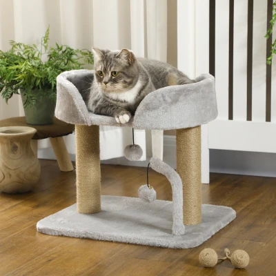 PawHut Arbre à Chat 2 Pompons Sisal Peluche Gris 42cm