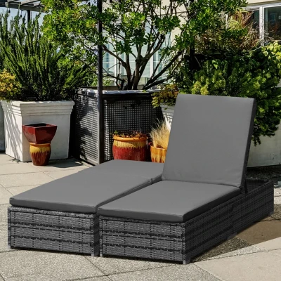 Outsunny Rattan Sun Loungers with Cushion, Set of 2, Grey