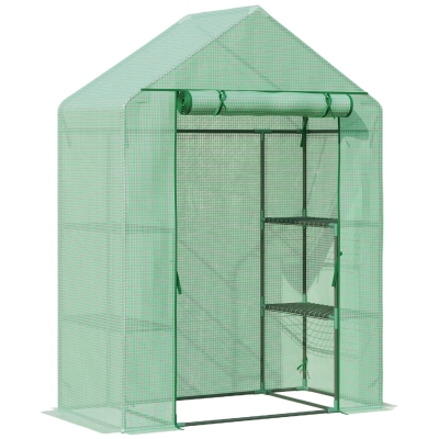 Outsunny Invernadero de Jardín 141x72x191 cm Vivero Casero con 4 Estantes Puerta Enrollable Cubierta de PE 140g/m² y Marco de Acero para Cultivos Plantas Macetas Flores Verde