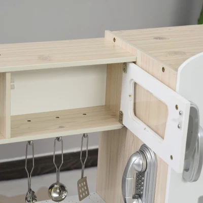 HOMCOM Cocina de Juguete de Madera con Fregadero Cocina de Inducción y Microondas Simulados con Accesorios Incluidos Cocina Infantil para +3 Años 74x30x81 cm Blanco(m-8)