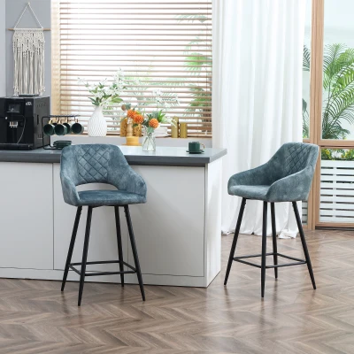 HOMCOM Bar Stools Set of 2 Velvet Counter Height Blue