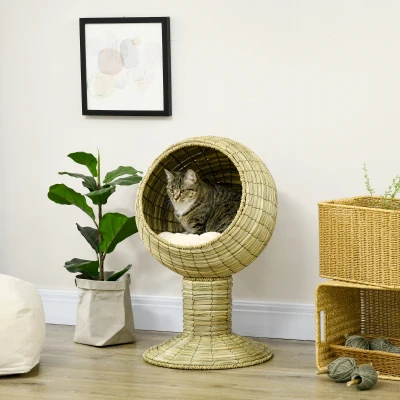 PawHut Raised Cat House Natural Grass Bed with Cushion