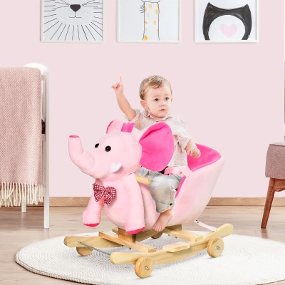 HOMCOM Cheval à Bascule Jouet à Bascule éléphant et Porteur sur roulettes 2 en 1 Fonction Musicale 32 Pistes Ceinture sécurité Rose