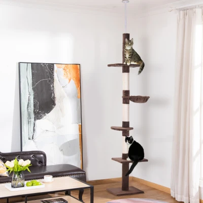 PawHut Albero Tiragraffi a Soffitto Altezza 230-260cm Marrone