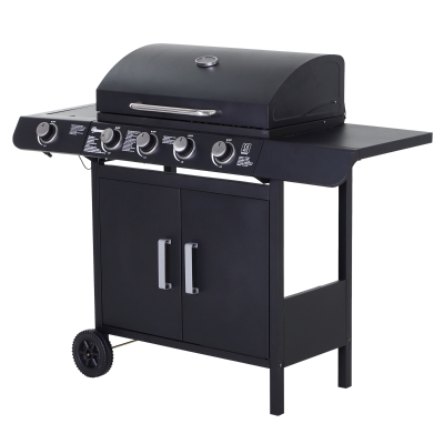 Outsunny Barbecue a Gas 5 Fornelli con Ripiani e Armadietto Nero
