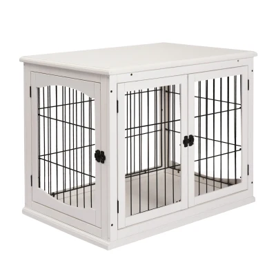 PawHut Cage pour chien intérieur en MDF E1, meuble 3 portes verrouillables, jusqu’à 30 kg, 81L x 58l x 66H cm, noir et blanc