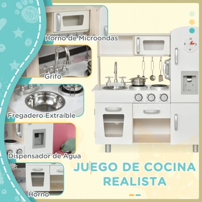 HOMCOM Cocina de Juguete de Madera con Fregadero Cocina de Inducción y Microondas Simulados con Accesorios Incluidos Cocina Infantil para +3 Años 74x30x81 cm Blanco(m-4)
