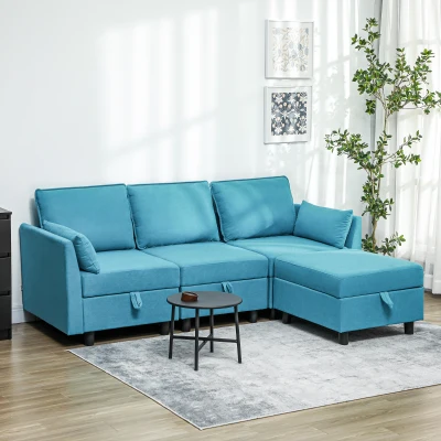 HOMCOM Divano Modulare 3 Posti con Pouf e Contenitori Blu