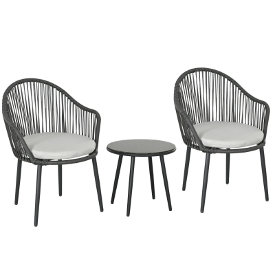 Outsunny Ensemble de jardin salon de jardin en résine tressée cadre en acier 2 fauteuils + 1 table basse coussins inclus gris