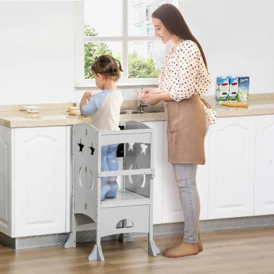 HOMCOM Kids Step Stool Grey with Blackboard & Lockable Rail