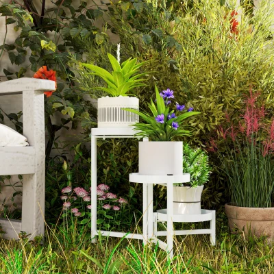 Outsunny Soporte para Plantas Plegable de Metal de 3 Niveles con 3 Estantes Redondos Soporte para Macetas 40x40x42 cm Blanco