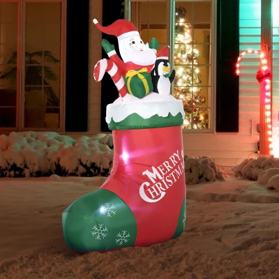 Outsunny Babbo Natale Gonfiabile con Luci, Pinguino e Calza