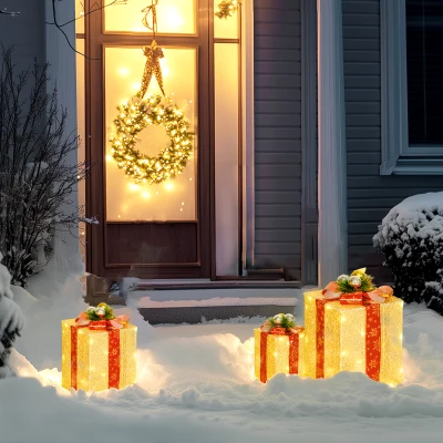 Outsunny Boîtes Cadeaux Noël LED Or Lot de 3 avec 58 Lumières