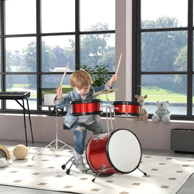 AIYAPLAY Batería para Niños de +3 Años con Taburete Ajustable Tambores Bombo Platillo Pedal y Baquetas 80x60x48-65 cm Rojo