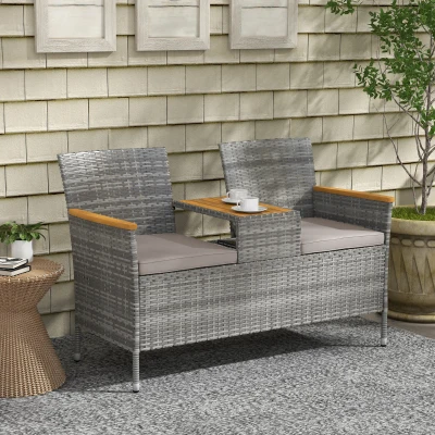 Outsunny Rattan Loveseat with Wood-Top Table Grey