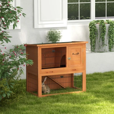 PawHut Two-Tier Wood Rabbit Hutch 80cm with Run - Orange