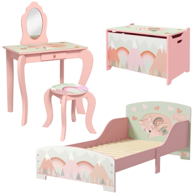 ZONEKIZ Kids Bedroom Set Bed Frame Toy Chest Dressing Table Pink