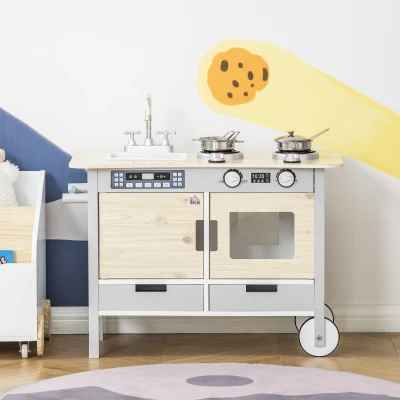 Desserte Cuisine Enfant Bois Gris 2en1 Multi-Équip
