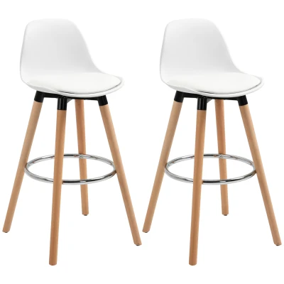 HOMCOM Conjunto de 2 Taburetes de Bar Tapizado en PU Taburetes Altos de Cocina con Asiento 70 cm 40x42x91 cm Blanco(m-10)