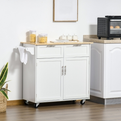 HOMCOM Desserte Cuisine Blanc Hévéa 2 Portes Tiroirs