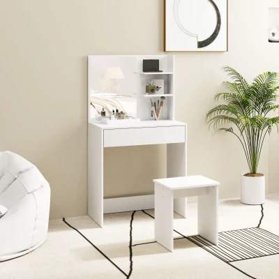 HOMCOM Tavolo da Trucco con Specchio e Sgabello in Legno Bianco