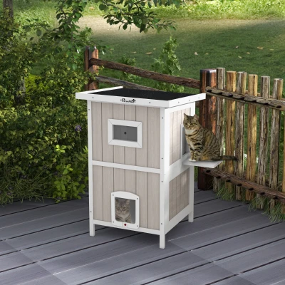 PawHut Wooden Cat Shelter 2-Tier Removable Light Grey