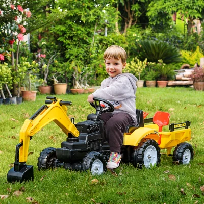 HOMCOM Kids Ride-On Construction Car Yellow with Trailer