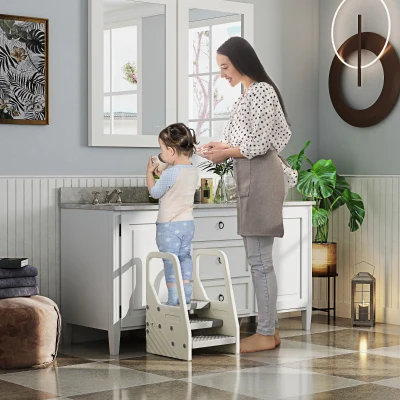 AIYAPLAY Sgabello per Bambini a 3 Gradini Grigio e Bianco Crema