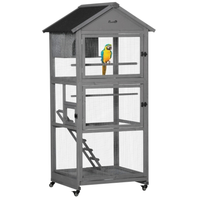 PawHut Wooden Outdoor Bird Cage Aviary with Wheels Grey