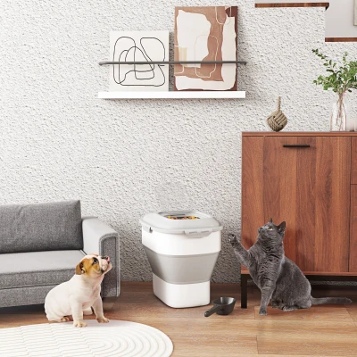 PawHut Contenedor de Comida para Perros 25L con Ruedas Taza Medidora Cuenco Plegable y Cuchara Gris