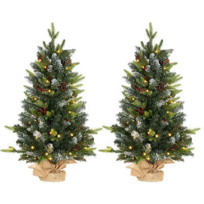 HOMCOM Set of Two 3ft Christmas Trees with Lights, Berries