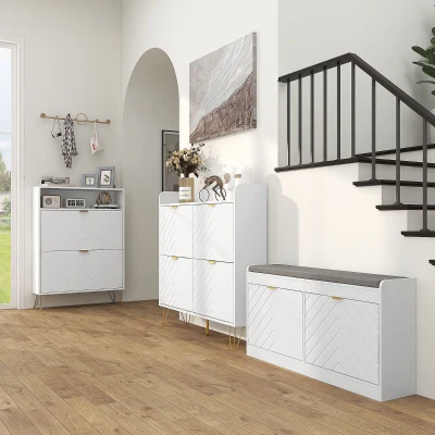 HOMCOM Shoe Storage Cabinet White with Gold Accents