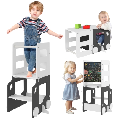 AIYAPLAY Torre de Aprendizaje Taburete Infantil con Pizarra Convertible en Mesa y Silla con Diseño de Coche Blanco y Gris