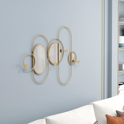 HOMCOM Metal Wall Mirror with Coat Hooks Gold Tone