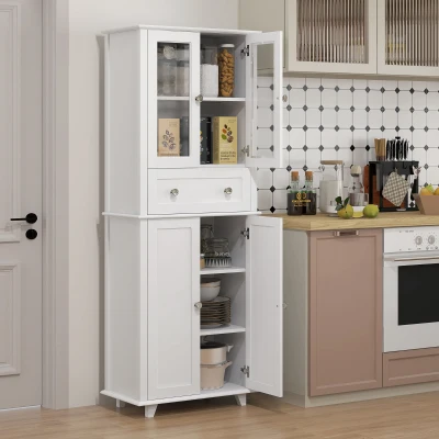 HOMCOM Alacena de Cocina Despensa Armario de Cocina con 2 Puertas de Vidrio Templado Cajón 61x35x168,5 cm Blanco