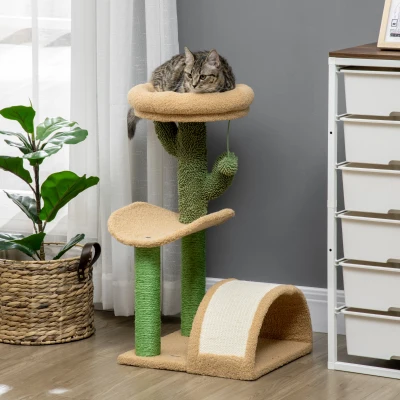 PawHut 72cm Cat Tree with Bed & Scratching Post Beige Green