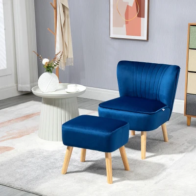 HOMCOM Velvet Accent Chair with Ottoman Dark Blue