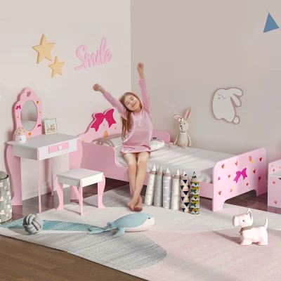 ZONEKIZ Kids Bedroom Set Bed Dressing Table Stool Pink