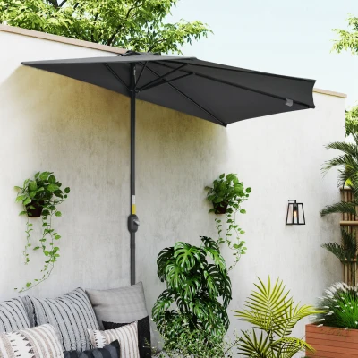 Outsunny Half Parasol Metal Frame Crank Umbrella Grey