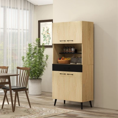 HOMCOM Armoire Cuisine Noir/Bois Tiroir Étagères 178cm