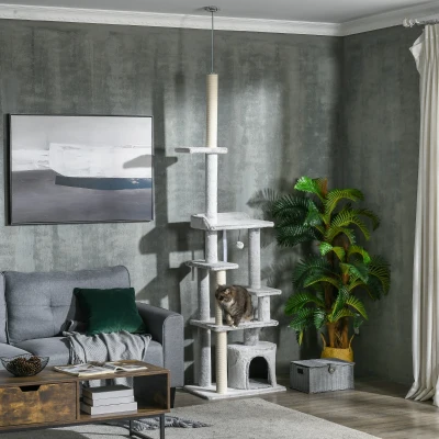 PawHut Albero Tiragraffi per Gatti a Soffitto con Casetta