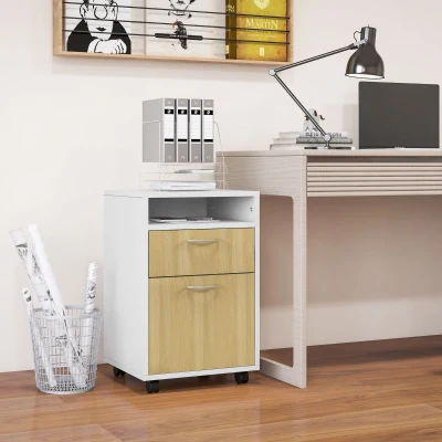 HOMCOM Cajonera de Oficina Móvil con Cajón y Armario con Ruedas Soporte de Impresora para Estudio 40x35x60 cm Blanco y Natural