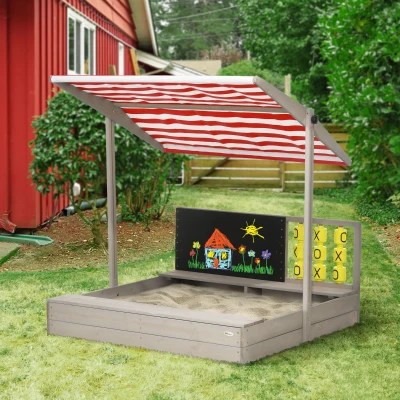 Outsunny Arenero de Madera para Niños con Toldo Ajustable Pizarra y 3 en Raya para Patio Jardín 114x113x110 cm Madera