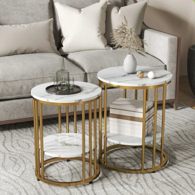 HOMCOM Tables Basses Rondes Effet Marbre avec Rangement Or