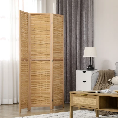 HOMCOM Biombo de 3 Paneles Plegable 120x1,8x170 cm Separador de Ambientes de Bambú Estilo Rústico Natural